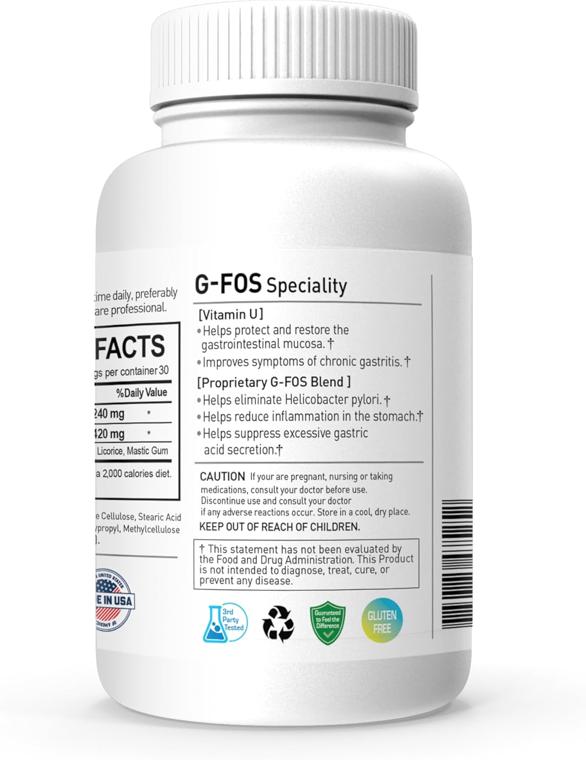 Gut Health Supplement with Vitamin U for Gastrointestinal Support - H. Pylori Elimination - 90 Tablets, 1-Month Supply