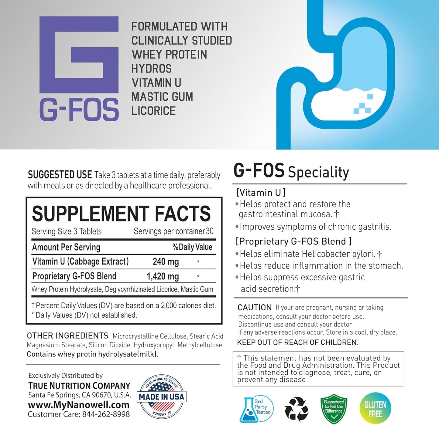 Gut Health Supplement with Vitamin U for Gastrointestinal Support - H. Pylori Elimination - 90 Tablets, 1-Month Supply