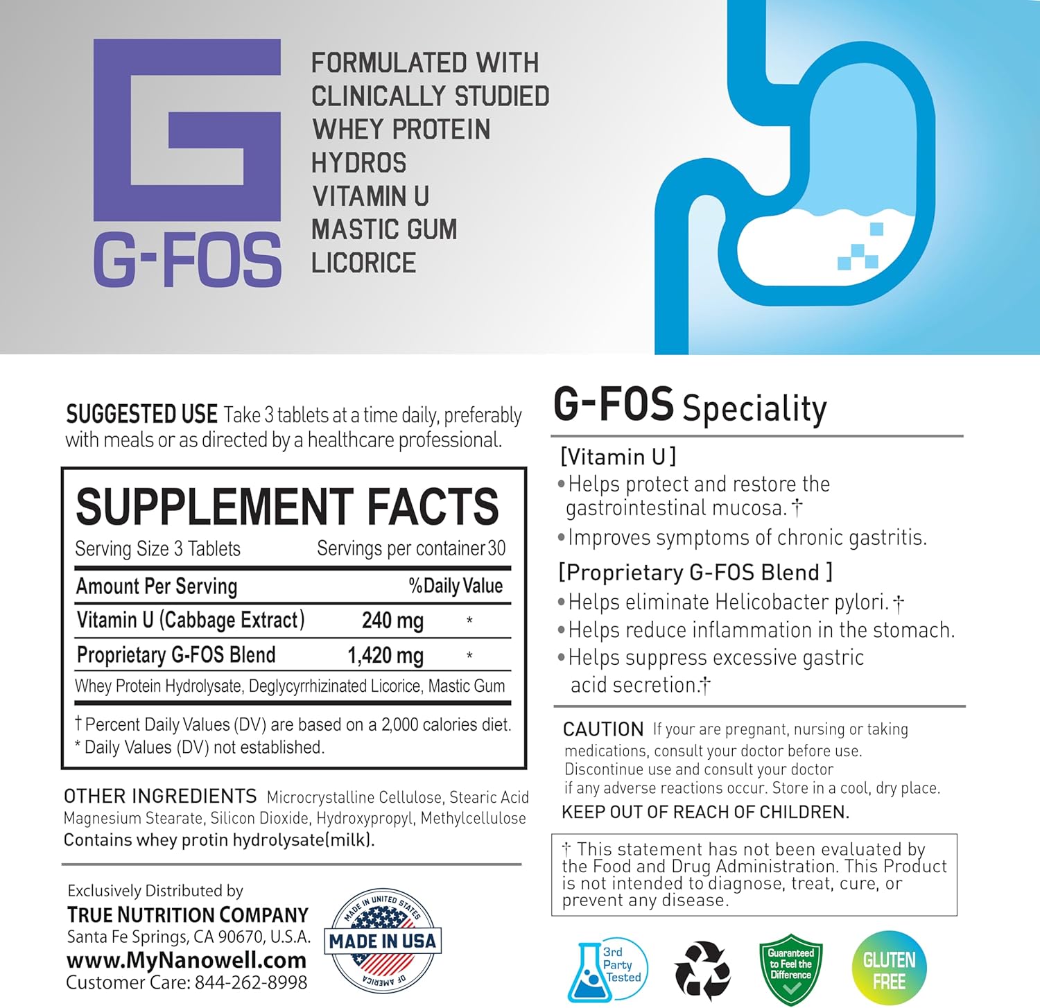 Gut Health Supplement with Vitamin U for Gastrointestinal Support - H. Pylori Elimination - 90 Tablets, 1-Month Supply