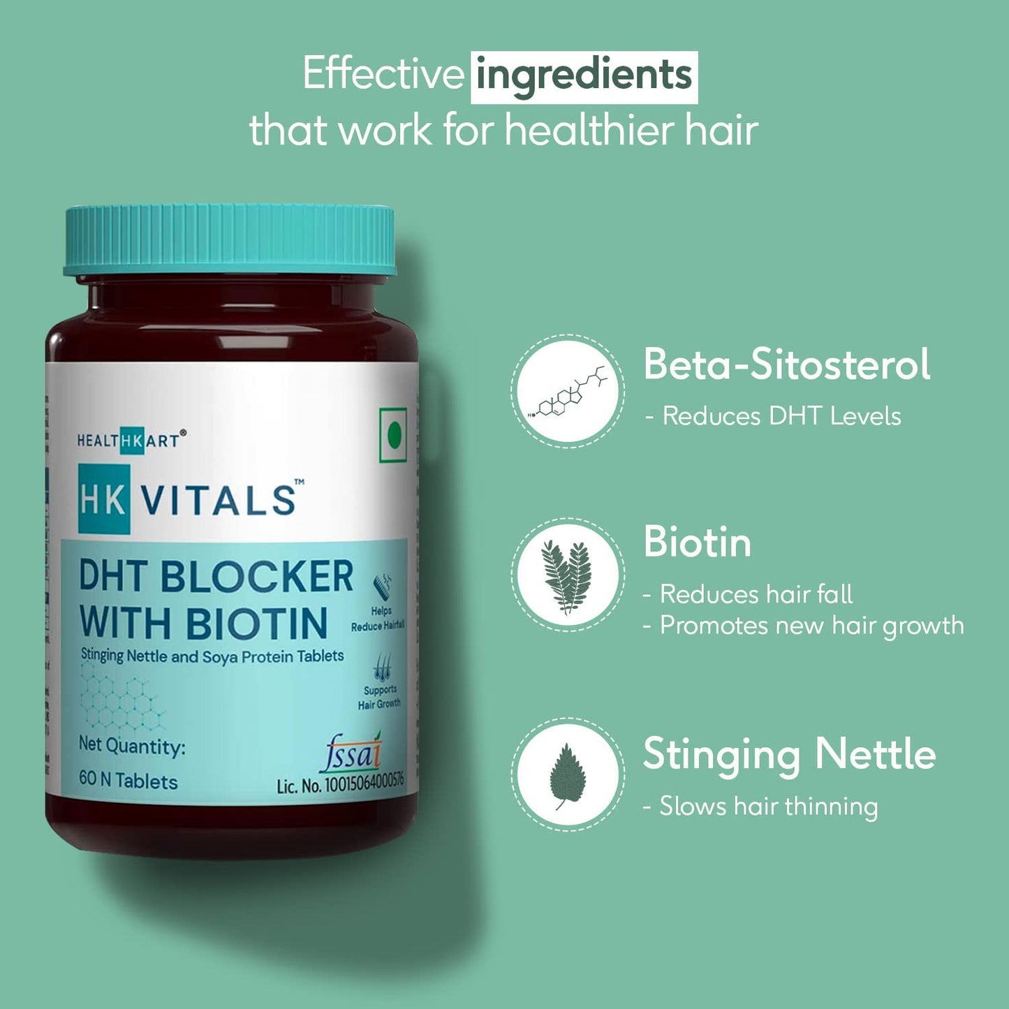 Hair Loss Supplement with DHT Blocker, Biotin, Nettle, Soya Protein - Promotes Hair Growth, Reduces Hair Fall - 60 Tablets