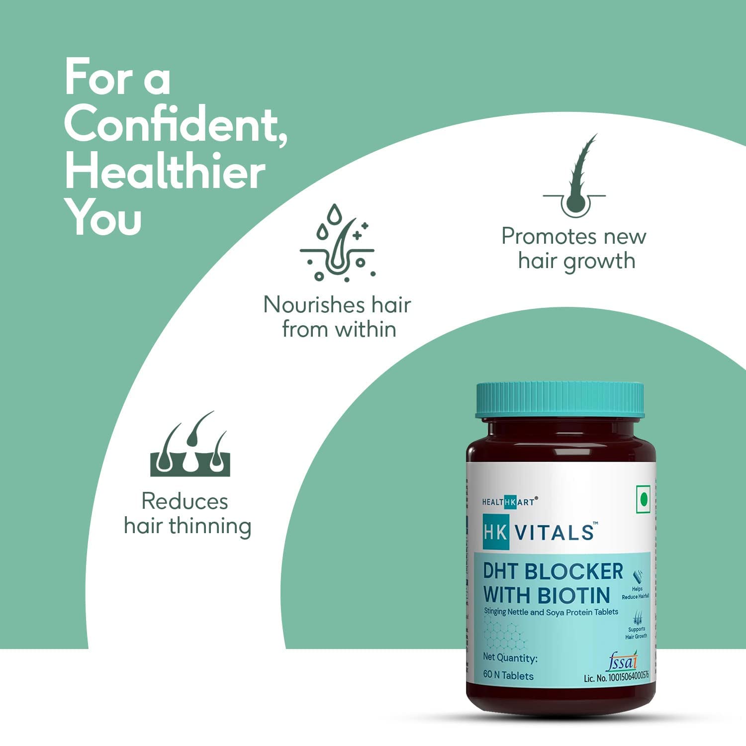Hair Loss Supplement with DHT Blocker, Biotin, Nettle, Soya Protein - Promotes Hair Growth, Reduces Hair Fall - 60 Tablets