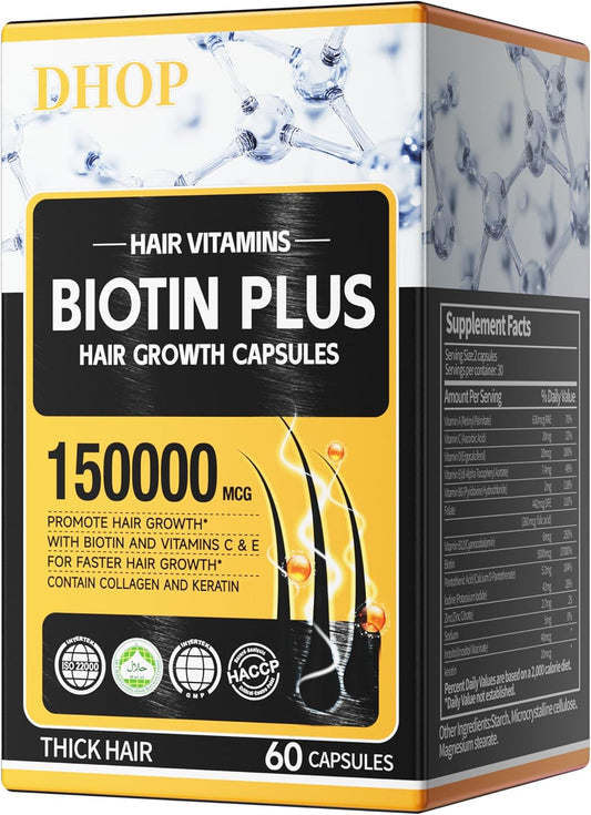 Hair, Skin, and Nails Supplement with Biotin, Collagen, and Keratin - 25000 mcg Complex for Growth Support - Hyaluronic Acid - Vitamins B2, B3, B6, B7 - Made in USA - 60 Capsules