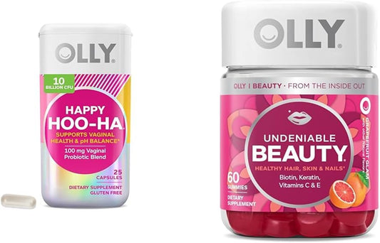 Hair, Skin, Nails Chewable Supplement with Biotin & Vitamin C - OLLY Happy Hoo-Ha Capsules & Undeniable Beauty Gummy, Keratin, Grapefruit Flavor, 30 Day Supply - 60 Count