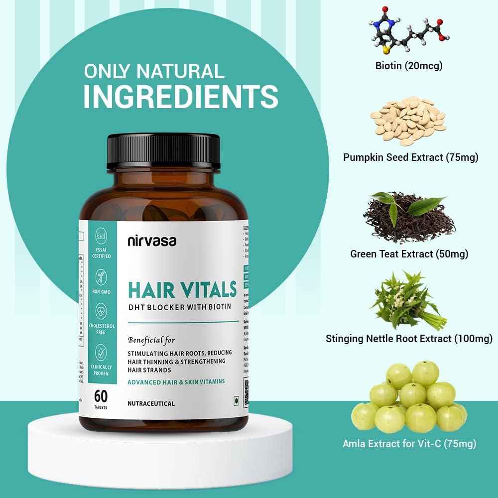 Hair Vitals DHT Blocker with Biotin Tablets with Beta-Sitosterol & Stinging Nettle Root Extract | Hair Vitamins for Men & Women - 60 Tablets