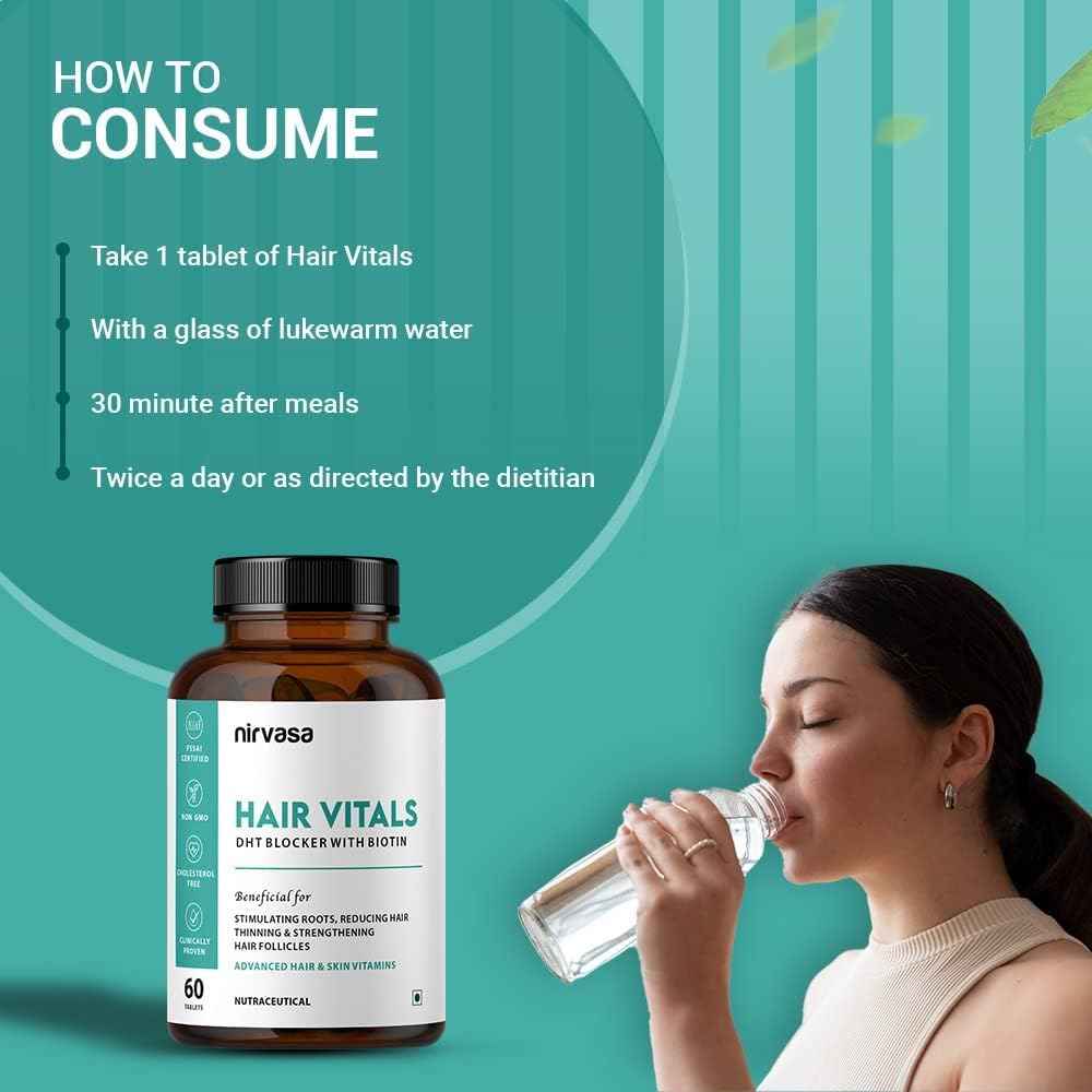 Hair Vitals DHT Blocker with Biotin Tablets with Beta-Sitosterol & Stinging Nettle Root Extract | Hair Vitamins for Men & Women - 60 Tablets