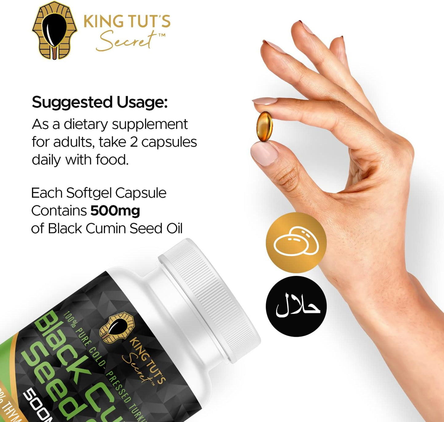 Halal Black Seed Capsules - Nigella Sativa Extract 500mg Softgels for Hair & Immune Support