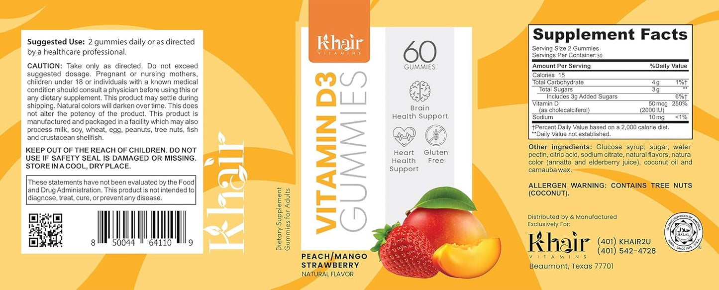 Halal-Certified Vitamin D3 Gummies for Bone & Muscle Support - Non-GMO, Gluten-Free, Vegetarian - 60 Gummies