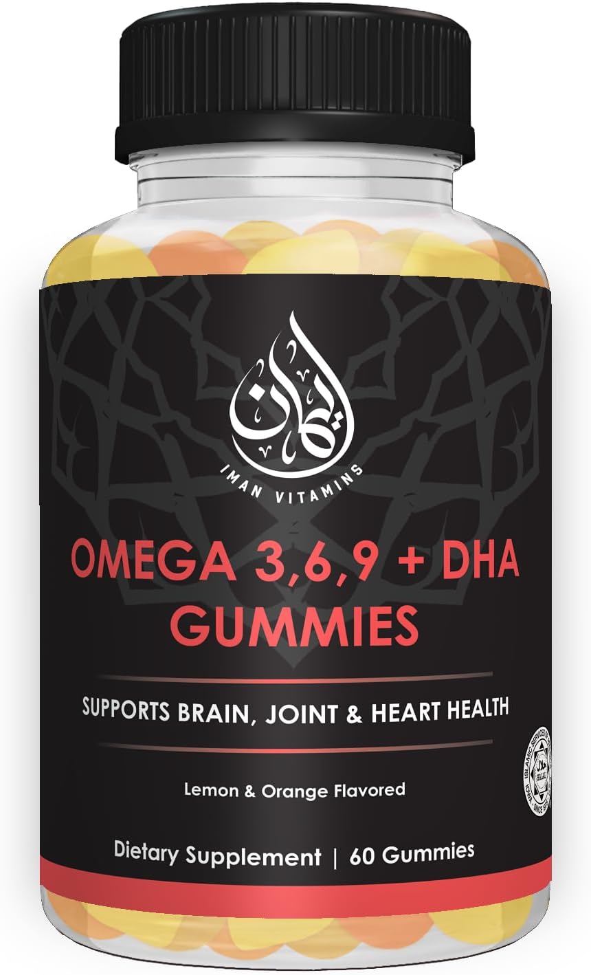 Halal Omega 3 6 9 + DHA Gummies for Adults with Vitamin C - 60 Count