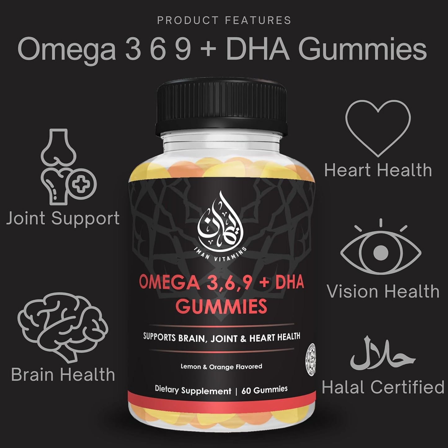 Halal Omega 3 6 9 + DHA Gummies for Adults with Vitamin C - 60 Count