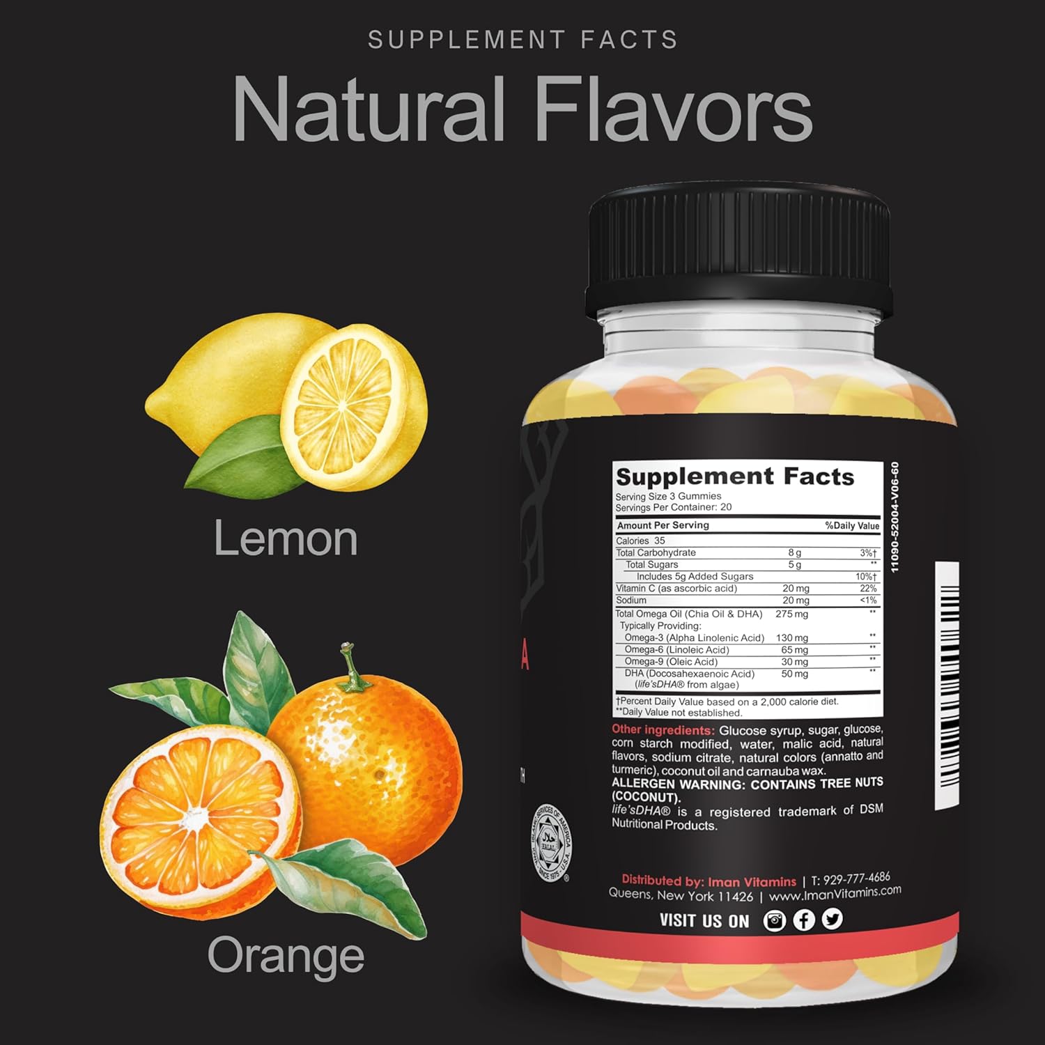 Halal Omega 3 6 9 + DHA Gummies for Adults with Vitamin C - 60 Count