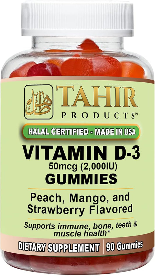 Halal Vitamin D3 Gummies 2000 IU - Supports Bone & Immune Health, Promotes Muscle Function - Gluten-Free, Gelatin-Free - 90 Natural Fruit Flavor Gummies - Made in USA - Halal Certified