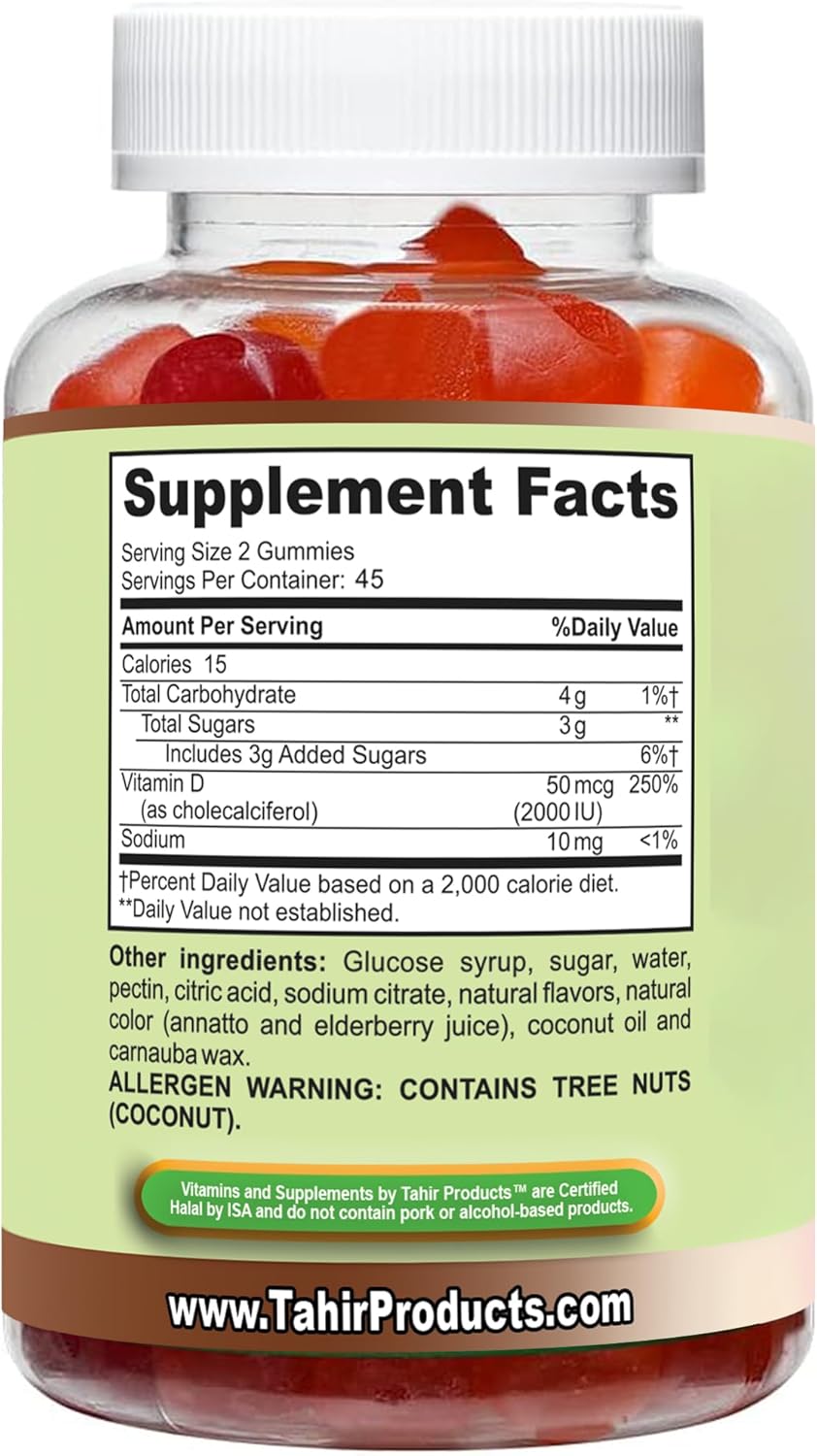 Halal Vitamin D3 Gummies 2000 IU - Supports Bone & Immune Health, Promotes Muscle Function - Gluten-Free, Gelatin-Free - 90 Natural Fruit Flavor Gummies - Made in USA - Halal Certified