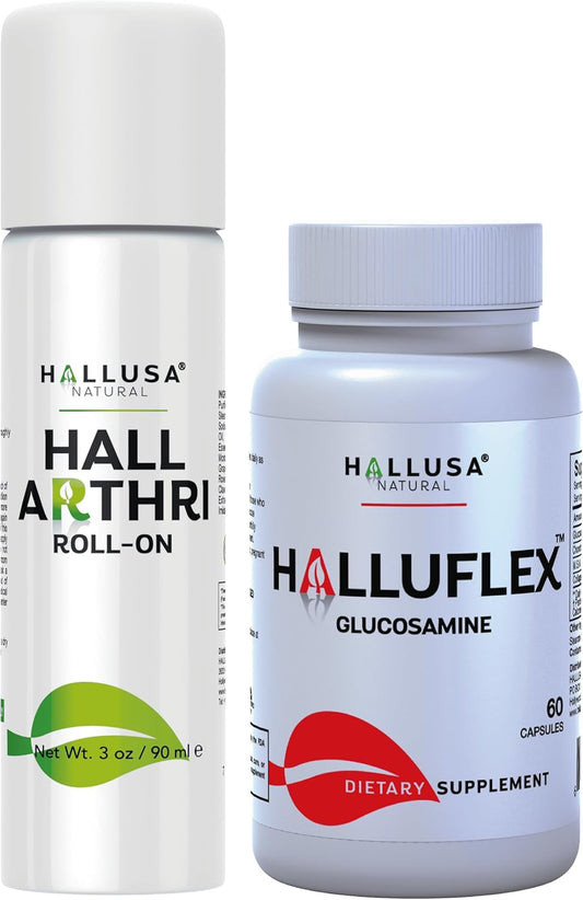 Hallusa Natural Glucosamine Capsules with HALLARTHRI Roll-On - Joint Support Supplement with Peppermint Oil & Essential Oils for Knee Pain