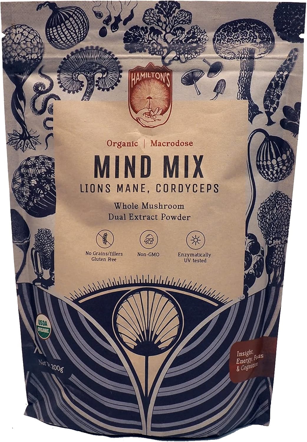 Hamilton's Mind Mix Organic Mushroom Extract Powder - Lion's Mane & Cordyceps Blend for Synaptic Growth, Endurance & Vitality - High Potency with 30% Beta Glucans - 100% GF, Non-GMO, Vegan - 200g