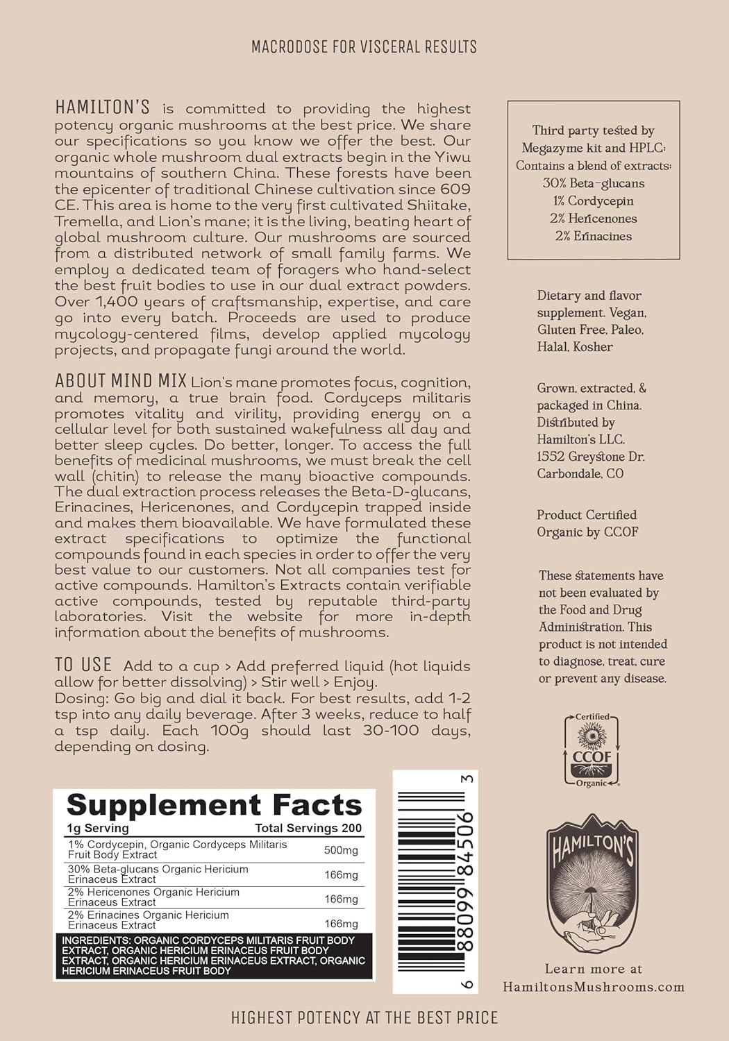 Hamilton's Mind Mix Organic Mushroom Extract Powder - Lion's Mane & Cordyceps Blend for Synaptic Growth, Endurance & Vitality - High Potency with 30% Beta Glucans - 100% GF, Non-GMO, Vegan - 200g