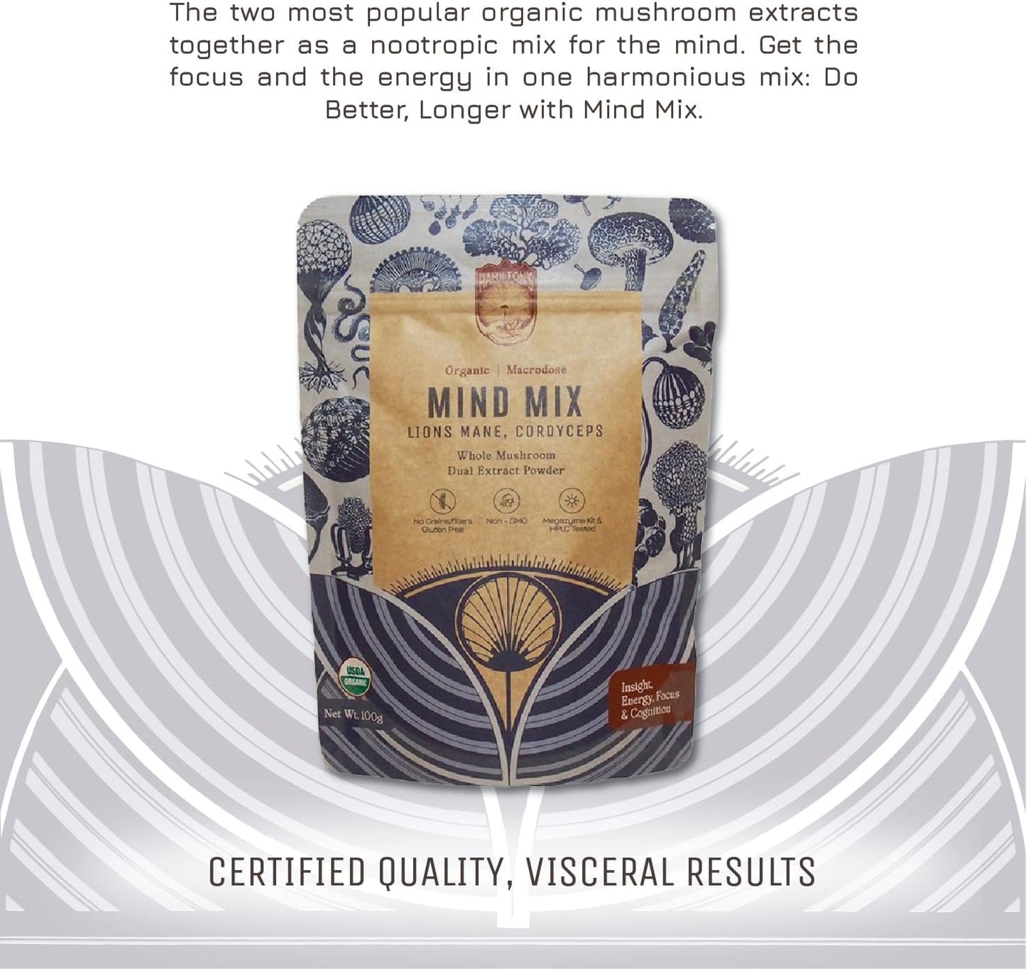 Hamilton's Mind Mix Organic Mushroom Extract Powder - Lion's Mane & Cordyceps Blend for Synaptic Growth, Endurance & Vitality - High Potency with 30% Beta Glucans - 100% GF, Non-GMO, Vegan - 200g