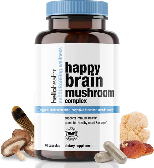 Happy Brain Mushroom Complex Nootropics Supplement - 10 Mushroom Blend for Clarity, Energy, Immune Support - 60ct x 4 Pack