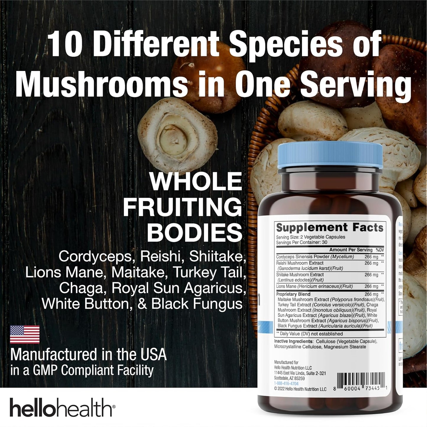 Happy Brain Mushroom Complex Nootropics Supplement - 10 Mushroom Blend for Clarity, Energy, Immune Support - 60ct x 4 Pack
