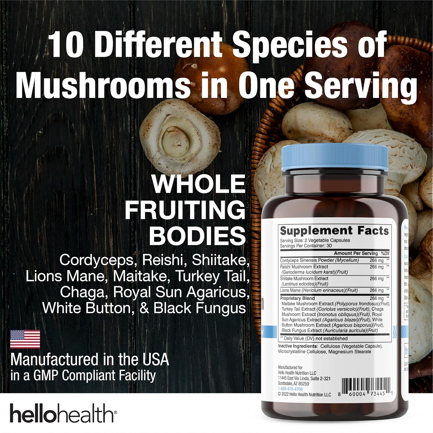 Happy Brain Mushroom Complex Nootropics Supplement - 10 Mushroom Blend for Clarity, Energy, Immune Support - 60ct x 4 Pack