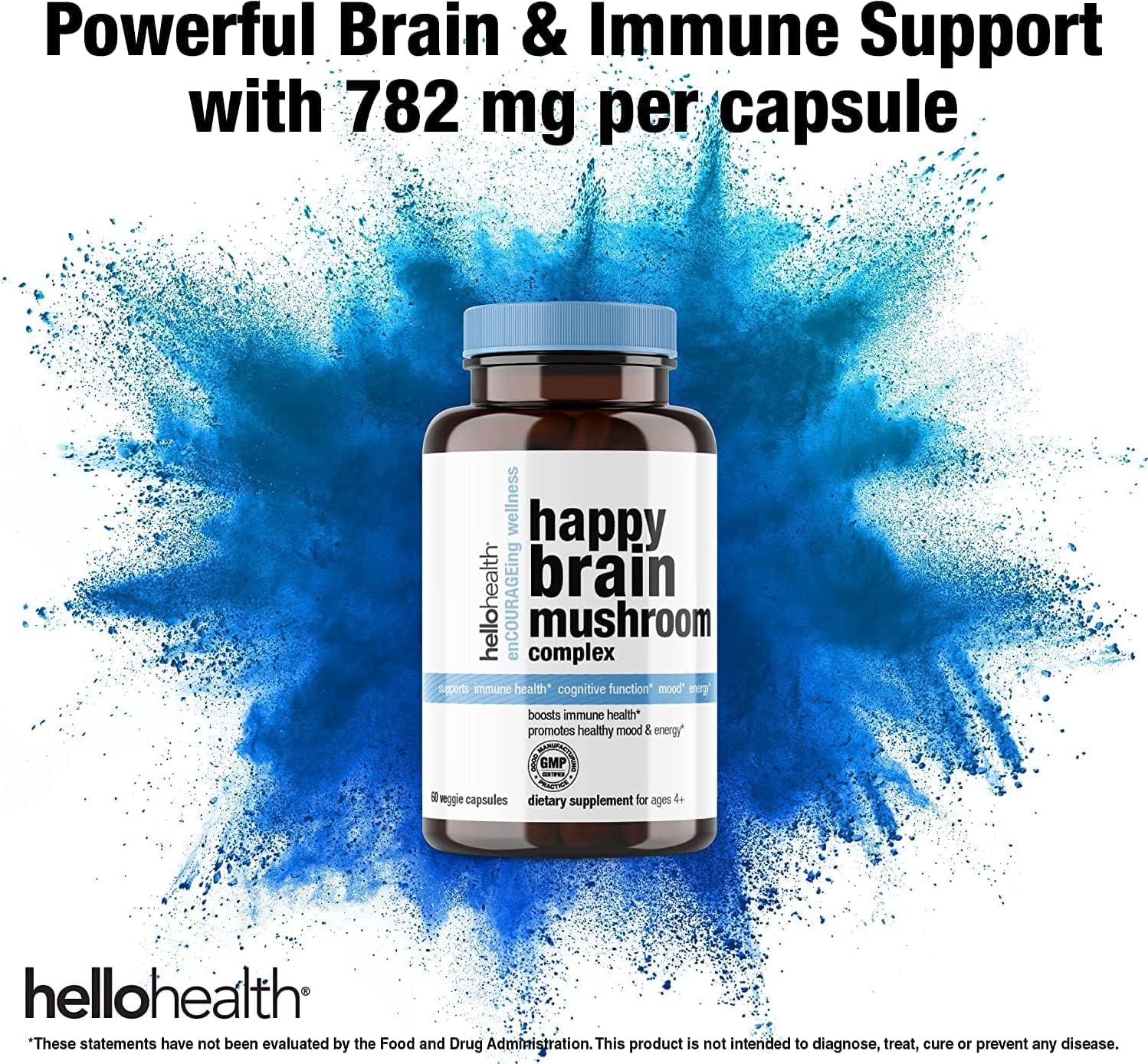 Happy Brain Mushroom Complex Nootropics Supplement - 10 Mushroom Blend for Clarity, Energy, Immune Support - 60ct x 4 Pack