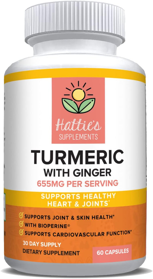 Hattie's Turmeric Curcumin with BioPerine and Ginger Capsules - 95% Standardized Curcuminoids, Natural Joint Support, Non-GMO Herbal Supplement