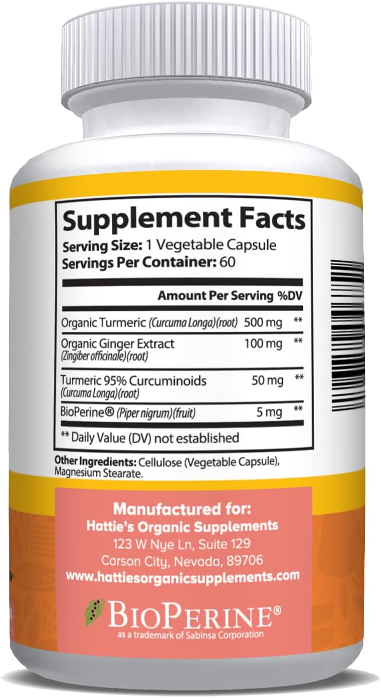 Hattie's Turmeric Curcumin with BioPerine and Ginger Capsules - 95% Standardized Curcuminoids, Natural Joint Support, Non-GMO Herbal Supplement