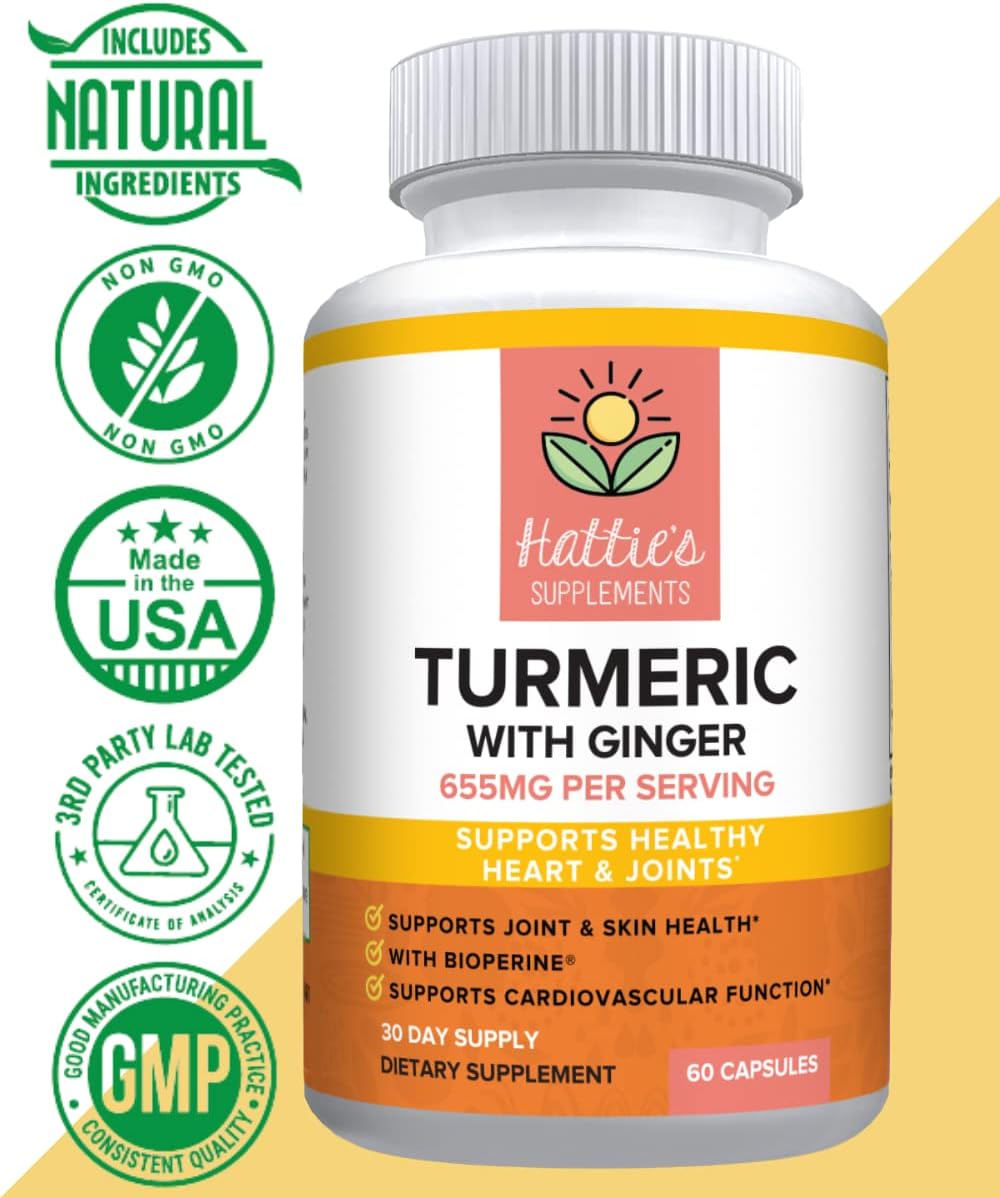 Hattie's Turmeric Curcumin with BioPerine and Ginger Capsules - 95% Standardized Curcuminoids, Natural Joint Support, Non-GMO Herbal Supplement