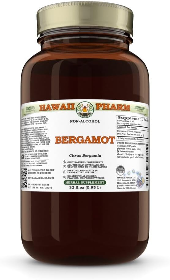 Hawaii Pharm Bergamot Citrus Bergamia Dry Fruit Peel Glycerite 32 fl.oz - All Natural Vegan Liquid Extract Made in Hawaii