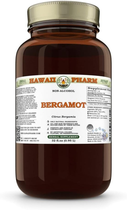Hawaii Pharm Bergamot Citrus Bergamia Dry Fruit Peel Glycerite 32 fl.oz - All Natural Vegan Liquid Extract Made in Hawaii