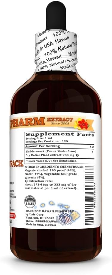 Hawaii Pharm Bladderwrack Tincture - 4 fl.oz, All Natural Vegan Liquid Extract from Entire Plant, Made in Hawaii