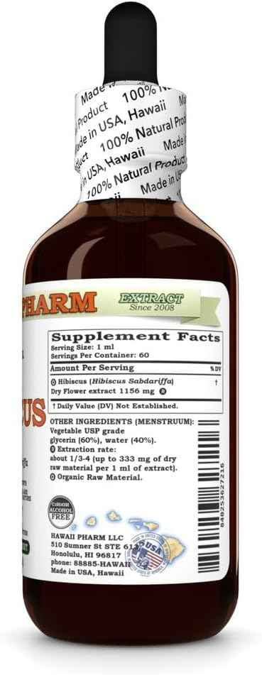 Hawaii Pharm Hibiscus Alcohol-Free Extract, Glycerite for Antioxidant Support, Promotes Circulation, Supports Heart Vitality, Enhances Liver Function, Refreshes and Revitalizes - 2 fl.oz
