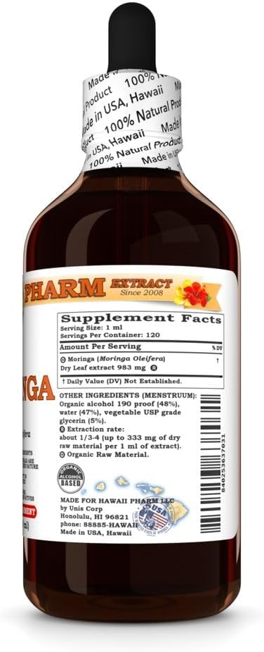 Hawaii Pharm Moringa Extract Tincture for Mood Balance, Cardiovascular Support, Skin & Hair Health - 4 fl.oz