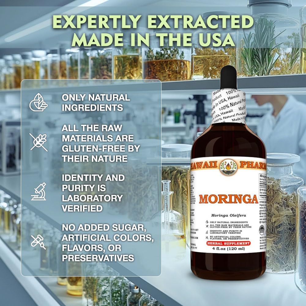 Hawaii Pharm Moringa Extract Tincture for Mood Balance, Cardiovascular Support, Skin & Hair Health - 4 fl.oz