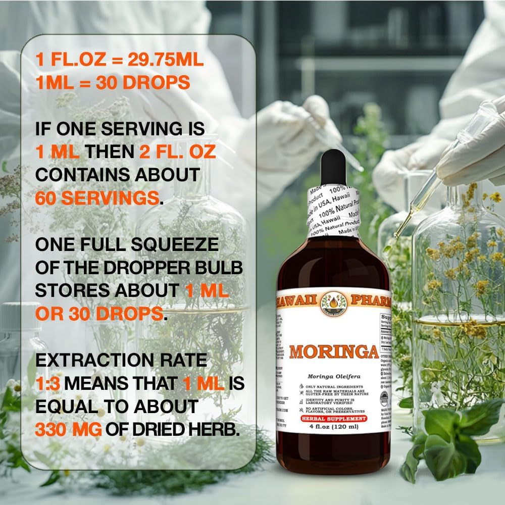 Hawaii Pharm Moringa Extract Tincture for Mood Balance, Cardiovascular Support, Skin & Hair Health - 4 fl.oz