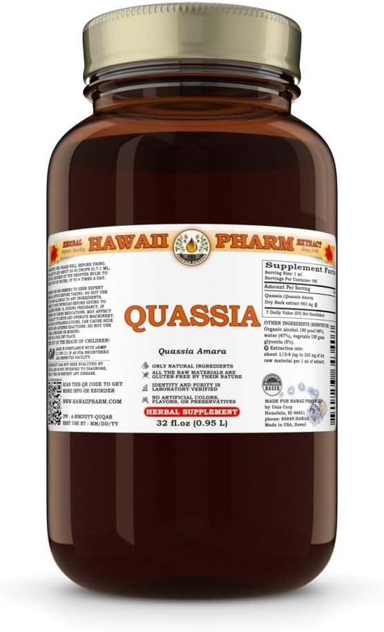 Hawaii Pharm Quassia Amara Dry Bark Tincture - 32 fl.oz, All Natural Vegan Liquid Extract from Hawaii