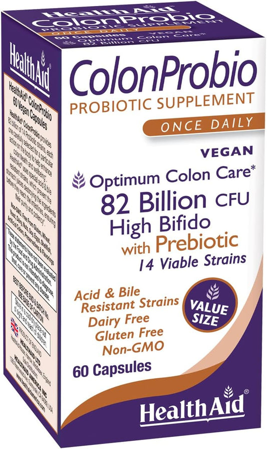 HealthAid ColonProbio 82 Billion: 14 Strains, Prebiotic, Optimal Colon Care, 60ct, Daily, Acid & Bile Resistant, Dairy & Gluten Free, Non-GMO