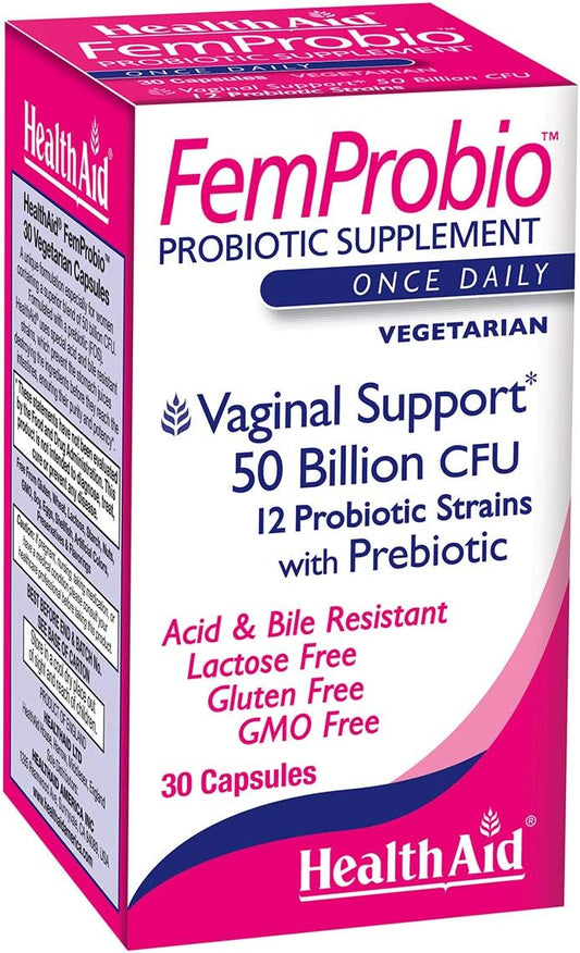 HealthAid FemProbio 50 Billion Prebiotic Vaginal Support 30ct Acid Bile Resistant Lactose Gluten GMO Free Vegetarian