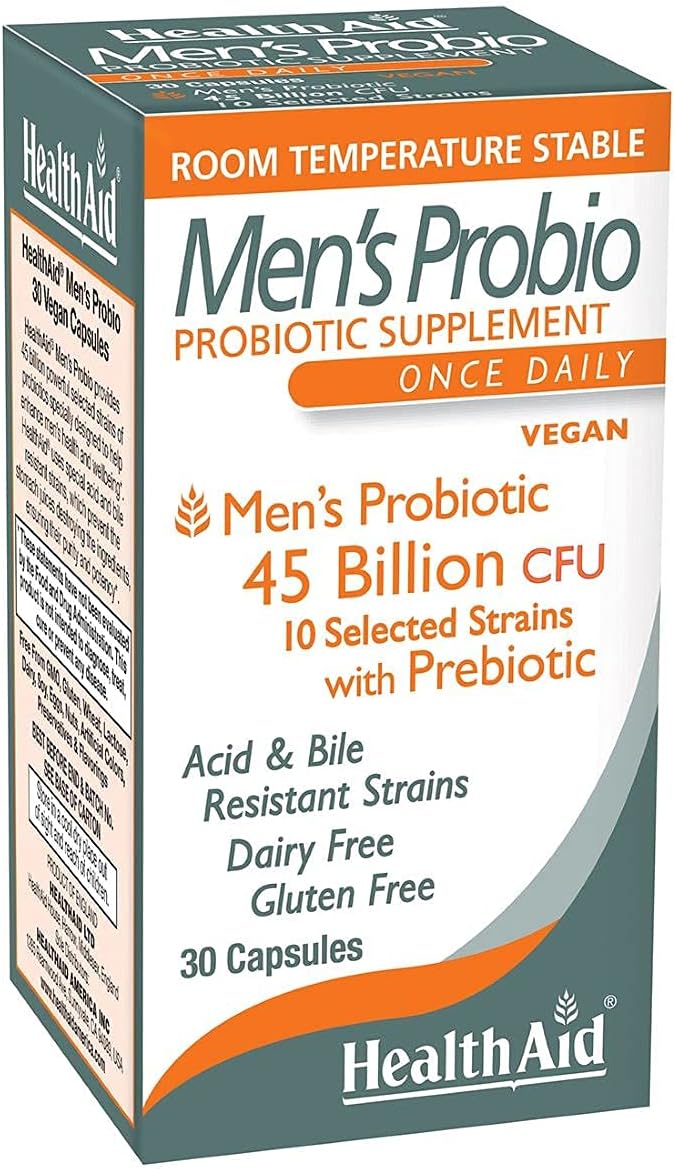 HealthAid Men's Probiotic Supplement with 45 Billion CFUs, 10 Strains, 30 Capsules - Acid and Bile Resistant, Non-Dairy, Non-GMO, Vegan Friendly