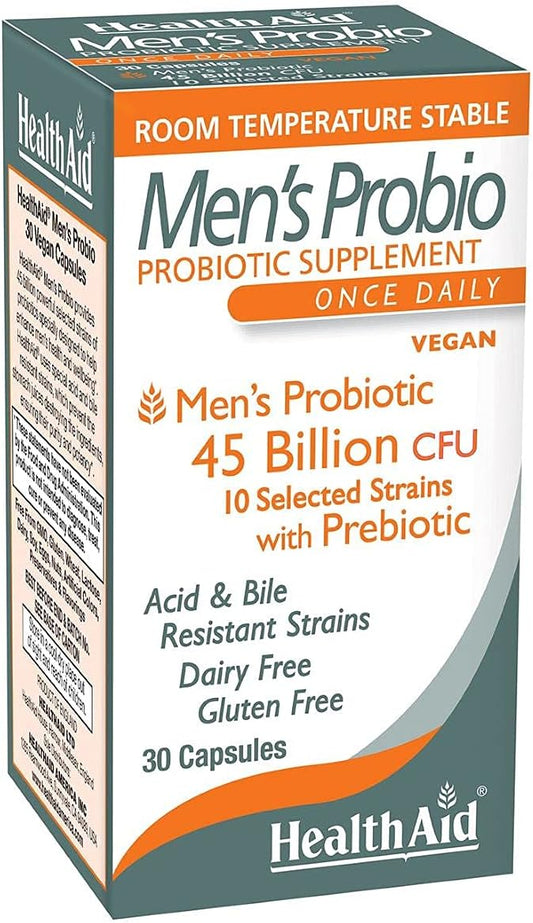 HealthAid Men's Probiotic Supplement with 45 Billion CFUs, 10 Strains, 30 Capsules - Acid and Bile Resistant, Non-Dairy, Non-GMO, Vegan Friendly