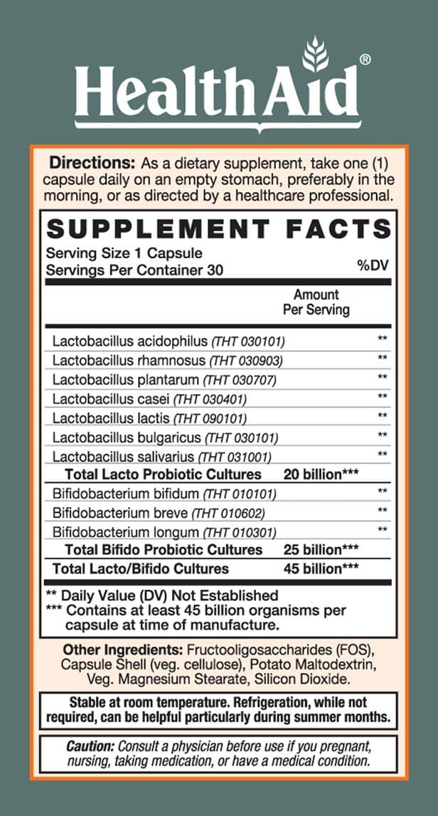 HealthAid Men's Probiotic Supplement with 45 Billion CFUs, 10 Strains, 30 Capsules - Acid and Bile Resistant, Non-Dairy, Non-GMO, Vegan Friendly