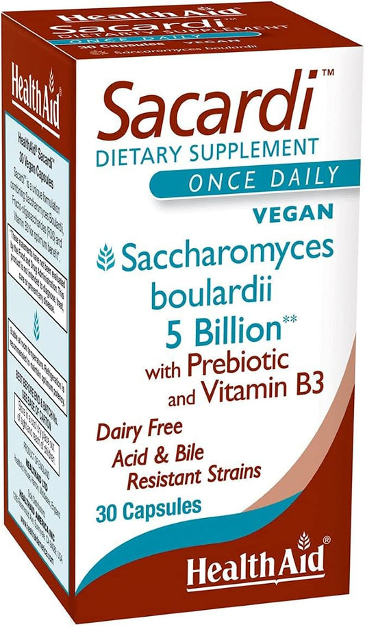 HealthAid Sacardi Probiotic Supplement with Vitamin B3 - 30ct Vegan Capsules, Dairy Free, Acid & Bile Resistant Formula