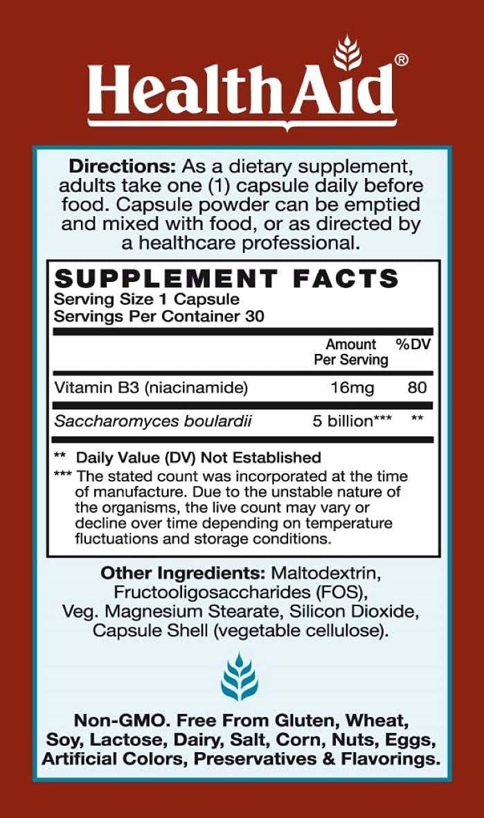 HealthAid Sacardi Probiotic Supplement with Vitamin B3 - 30ct Vegan Capsules, Dairy Free, Acid & Bile Resistant Formula