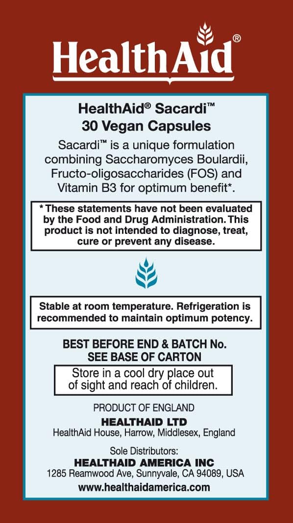 HealthAid Sacardi Probiotic Supplement with Vitamin B3 - 30ct Vegan Capsules, Dairy Free, Acid & Bile Resistant Formula