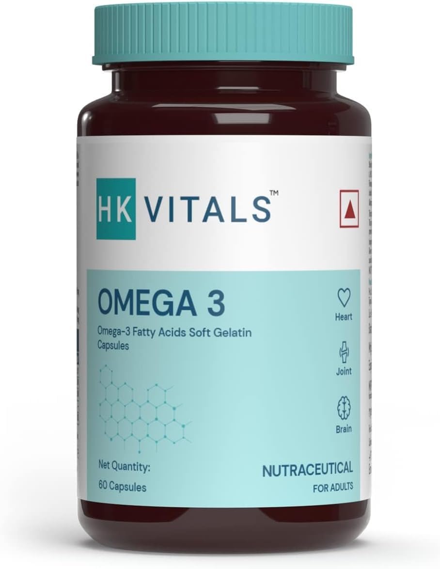 HealthKart HK Vitals Omega 3 Capsules - 1000mg with EPA & DHA for Brain, Heart, Eyes, and Joints - 60 Fish Oil Capsules
