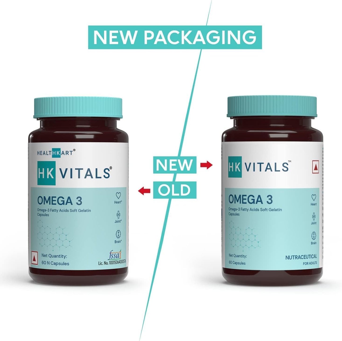 HealthKart HK Vitals Omega 3 Capsules - 1000mg with EPA & DHA for Brain, Heart, Eyes, and Joints - 60 Fish Oil Capsules