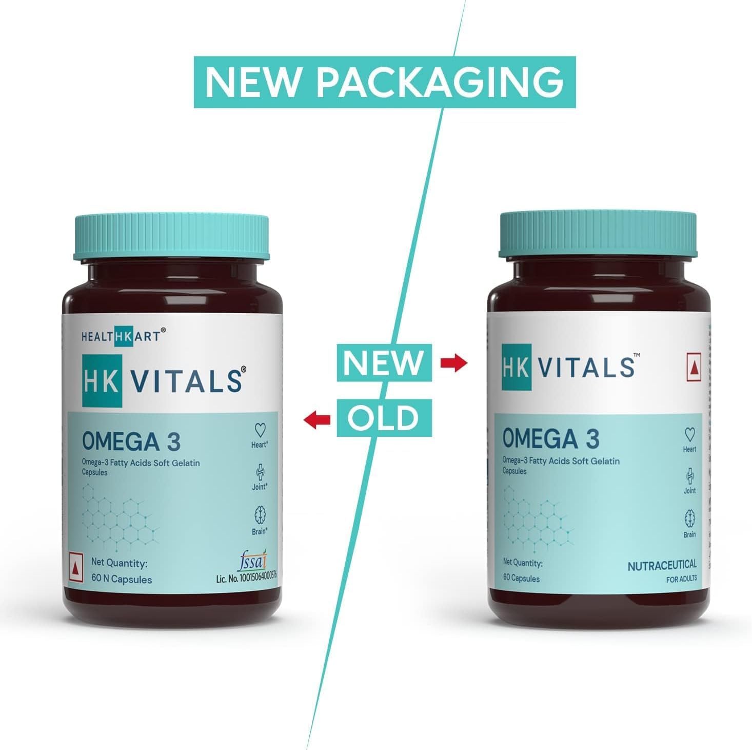 HealthKart HK Vitals Omega 3 Capsules - 1000mg with EPA & DHA for Brain, Heart, Eyes, and Joints - 60 Fish Oil Capsules