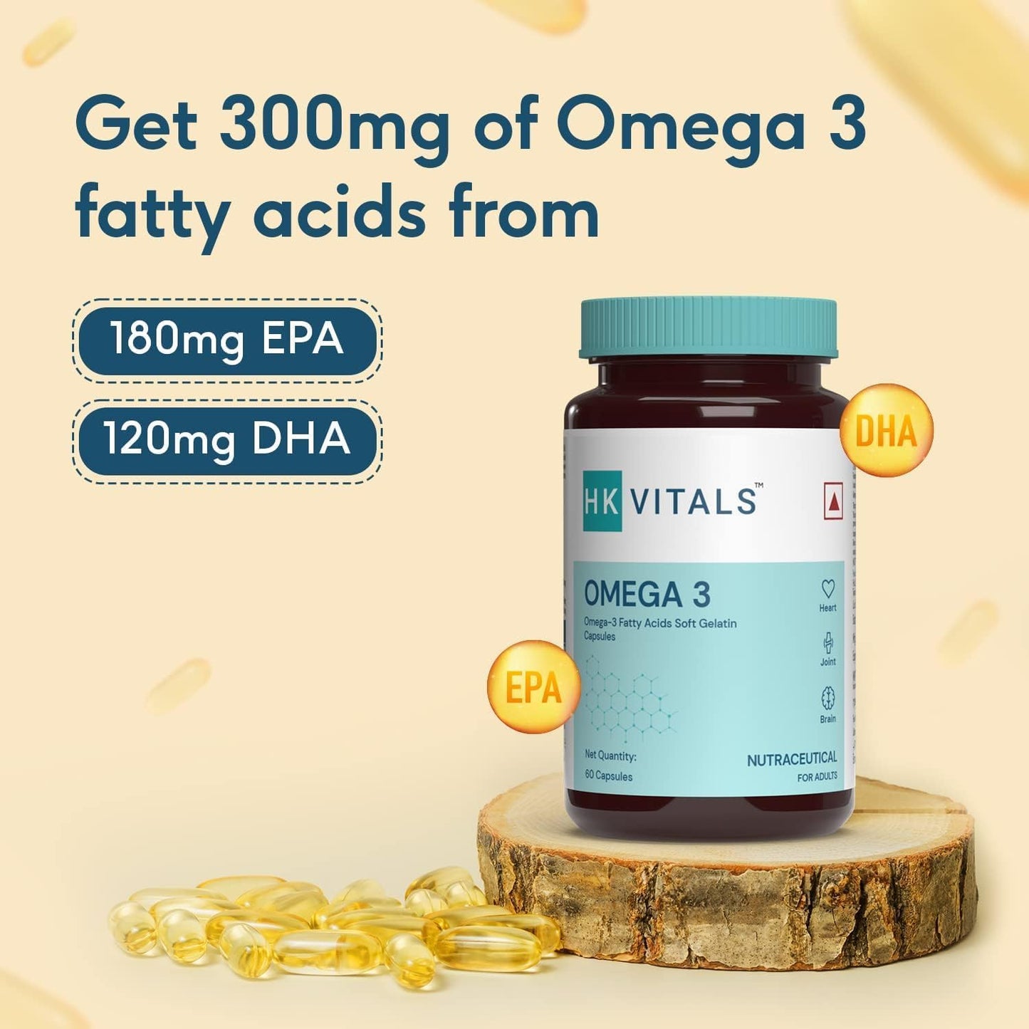 HealthKart HK Vitals Omega 3 Capsules - 1000mg with EPA & DHA for Brain, Heart, Eyes, and Joints - 60 Fish Oil Capsules