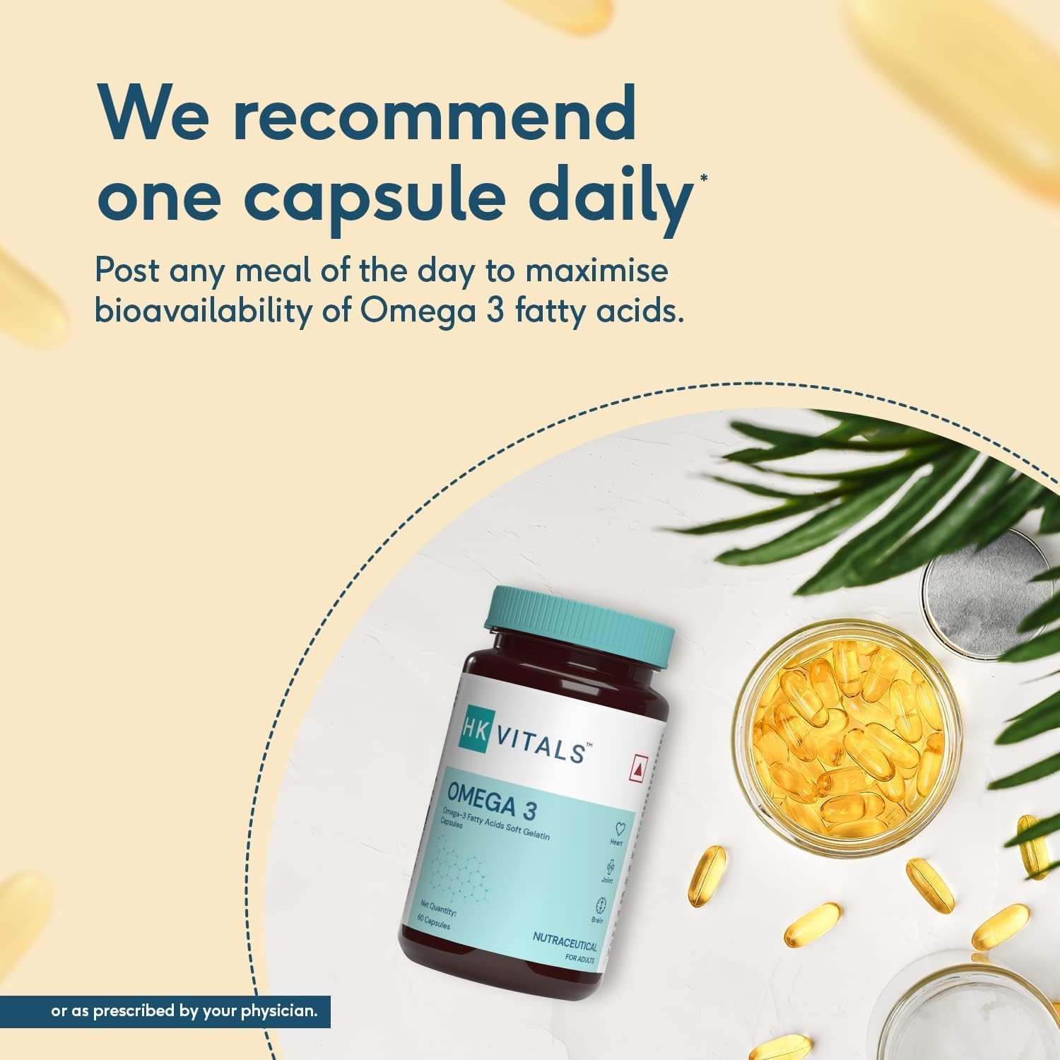 HealthKart HK Vitals Omega 3 Capsules - 1000mg with EPA & DHA for Brain, Heart, Eyes, and Joints - 60 Fish Oil Capsules