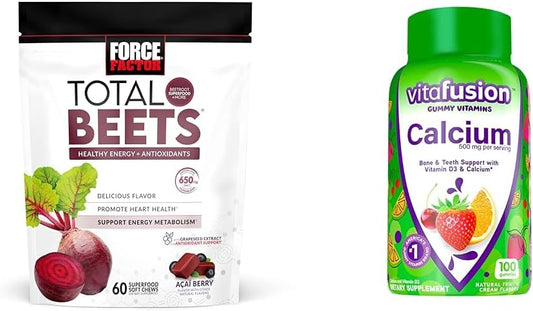 Heart Health & Bone Support Bundle: Force Factor Total Beets Chews & vitafusion Calcium Gummies - 60 & 100 Count