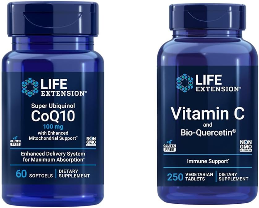 Heart Health Bundle: Life Extension Super Ubiquinol CoQ10 Softgels & Vitamin C Bio-Quercetin Tablets for Energy & Immune Support